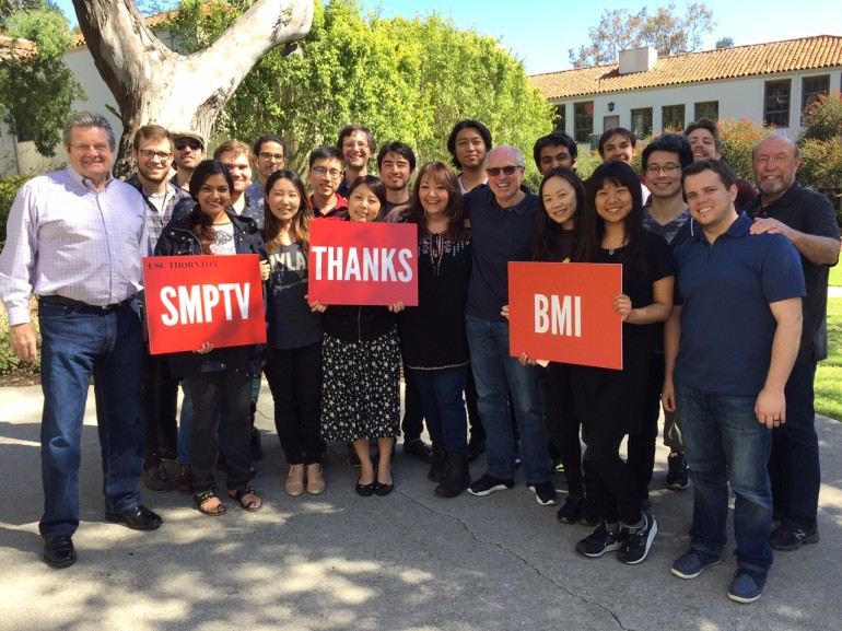 Pictured (L-R front row) are: Chair/Director of the SMPTV program Daniel Carlin, USC students Raashi Kulkarni, Jungmin Lee and Tina Wang, BMI’s Doreen Ringer-Ross, Emmy/GRAMMY-winning scoring engineer Dennis Sands, and students Nan Zhang, Xiao Liang and Jonathan Keith. (Back row): USC students Kyle Laporte, Alex Robert Heinrich, Michael-Alexander Brandstetter, Massimiliano Lombardo, Peter Lam, Marco Valerio Antonini, Tim Callobre, Ye Zhang, Prashanth G S, Rodolfo Iriarte Tortima, Steven Jones and Bronson Buskett, with engineer and Professor of Music Industry Richard McIlvery.