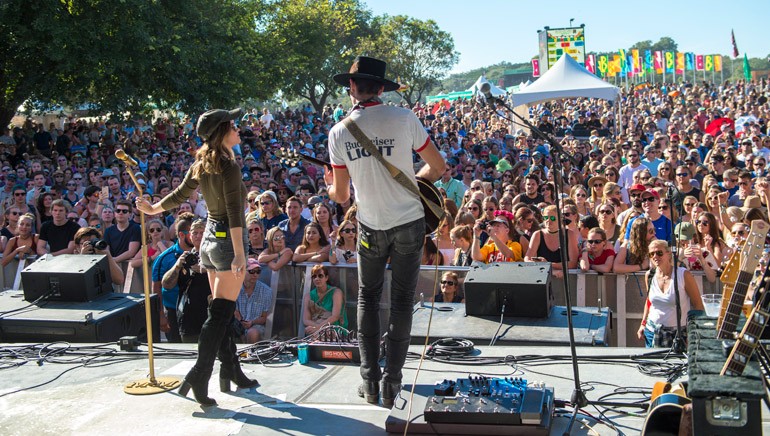 Nashville-based BMI singer-songwriter Maren Morris tears through her set on the BMI stage at ACL Fest 2016. Fans packed the area in front of the stage to listen to her country hits.