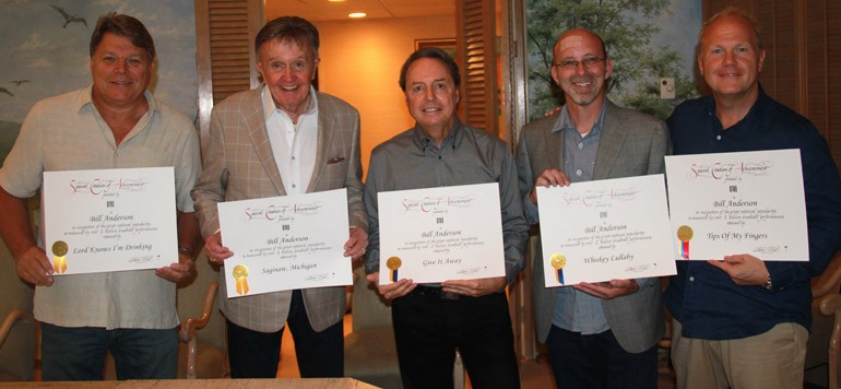 BMI’s David Preston, BMI singer-songwriter Bill Anderson, BMI’s Jody Williams, Sony ATV’s Terry Wakefield and Troy Tomlinson gather together to celebrate the major milestones of Bill’s songs.