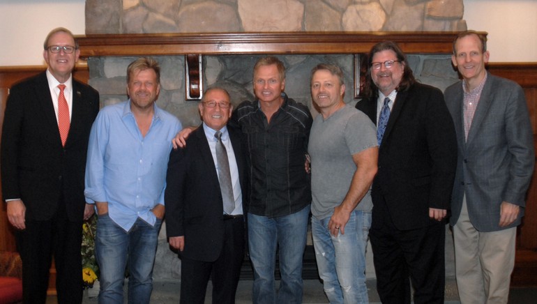Pictured (L-R) after the songwriter showcase are: PRLA President and CEO John Longstreet, BMI songwriter Wendell Mobley, Di Pietro Ristorante owner Pietro DiPietro, BMI songwriters Tim James and Dan Couch, PRLA Board Chair and Priory Hospitality Group President John Graf and BMI’s Dan Spears.