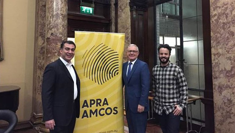 Pictured (L-R): BMI's Brandon Bakshi; Deputy High Commissioner to the United Kingdom, Andrew Todd; and Adam Townsend of APRA AMCOS Member Relations, U.K. and Europe.