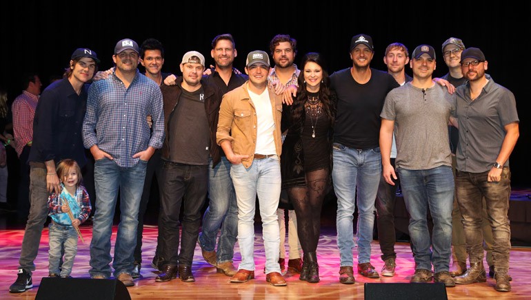 Pictured: (L-R): BMI songwriters Ross Copperman and Rhett Akins, songwriter, Michael Carter, BMI songwriters Jody Stevens and Tommy Cecil, songwriter Cole Taylor, BMI songwriters Dallas Davidson, Jaida Dreyer, Luke Bryan and Cole Swindell, songwriters Jon Nite, Luke Laird and Chris DeStefano.