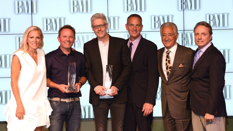 BMI’s Leslie Roberts, BMI Songwriters of the Year Chris Tomlin and Matt Maher, BMI’s Mike O’Neill, Del Bryant and BMI’s Jody Williams at the 2016 BMI Christian Awards