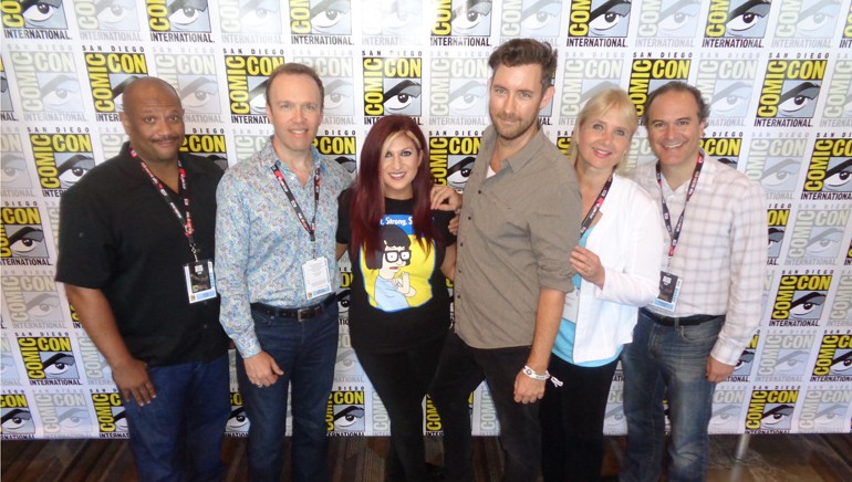 Pictured (L-R) in the green room prior to the BMI/White Bear PR “I Love That Song: Composing, Scoring and Singing Superhero Style” panel are: producer and lyricist James Tucker, BMI composer Michael McCuistion, BMI’s Anne Cecere, White Bear PR’s Chandler Poling and BMI composers Lolita Ritmanis and Kristopher Carter.