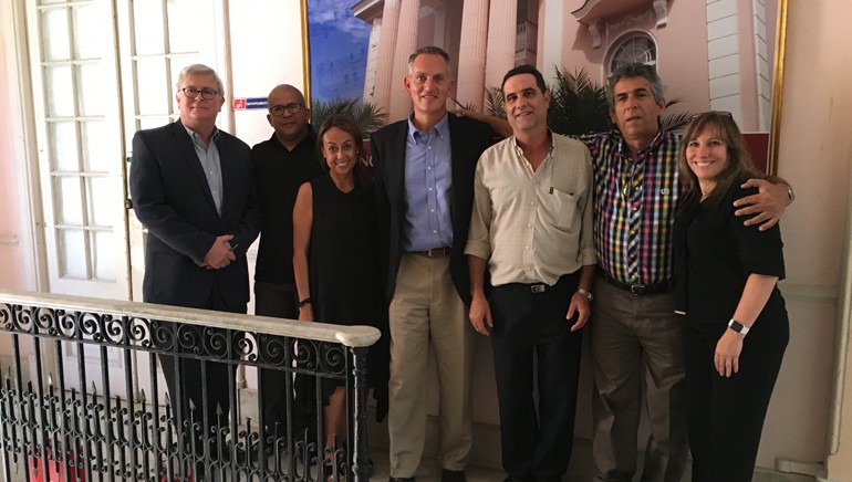 BMI’s Phil Graham, ACDAM’s Leonel Elias Pernas, BMI’s Delia Orjuela, BMI’s Mike O’Neill, ACDAM’s René Hernández Quintero, ACDAM’s Jorge Luis Arceo Jiménez, and BMI’s Consuelo Sayago meet in Cuba on May 25.