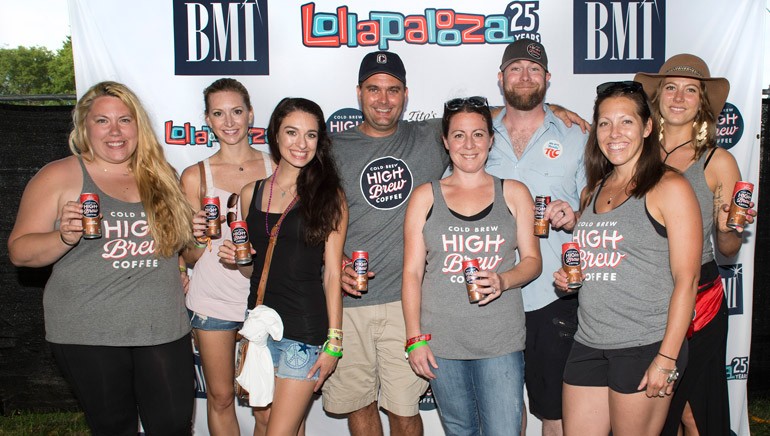 High Brew Coffee’s Rikki Kasperski, Traci Miller, McCall Holbeck, David Smith, Mari Johnson, Brian Johnson, Mandee Starsiak and Whitney Utlaut take a break backstage at the BMI stage at Lollapalooza.