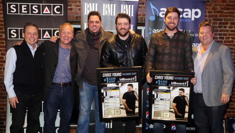 Pictured: (L-R): BMI’s Jody Williams, Sony ATV’s Troy Tomlinson, songwriter Josh Hoge, BMI songwriter and artist Chris Young, songwriter Corey Crowder and BMI’s Bradley Collins.