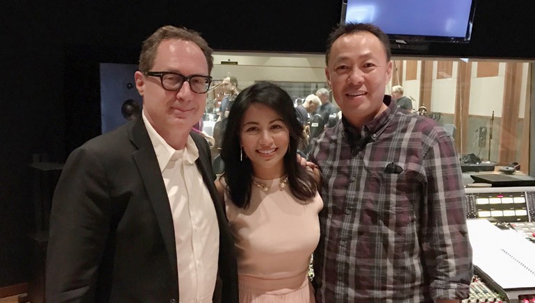 Pictured (L-R) at the scoring session are: BMI Composer Mark Isham, actress and BMI affiliate Karen David (Princess Jasmine) and BMI Assistant Vice President Film/TV & Visual Media Relations, Ray Yee