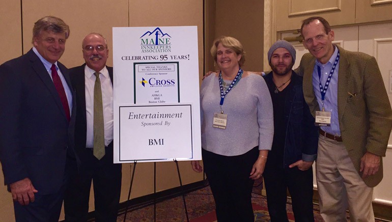 Pictured (L-R) after James’ performance are: MIA President and CEO Steve Hewins, MIA Director of Government Affairs Greg Dugal, Nonantum Resort owner and MIA Board Chair Jean Ginn Marvin, BMI singer-songwriter Sam James and BMI’s Dan Spears.