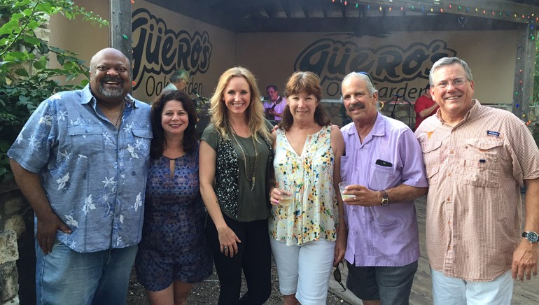 Featured (L-R) before the performance are: TRA Austin Chapter President and owner of Hoovers Cooking, Hoover Alexander; BMI’s Jessica Frost; BMI songwriter Kristen Kelly; owners of Guero’s, Kathy and Rob Lippincott; and TRA President and CEO Richie Jackson.