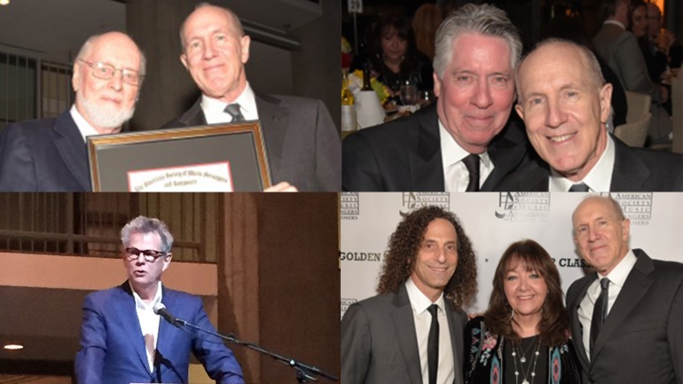 Clockwise from top: BMI composer John Williams presents William Ross with his 2016 Golden Score award; BMI composer Alan Silvestri with William Ross during the ASMAC gala; BMI composer Kenny G and BMI’s Doreen Ringer-Ross with 2016 Golden Score award winner William Ross; BMI composer David Foster addresses the crowd honoring Ross.