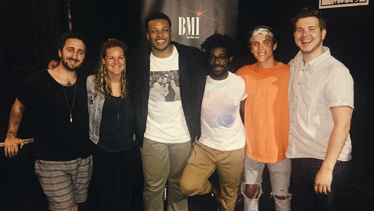 Pictured: (L-R): Atlantic Records’ Chris Martignago, BMI’s Nina Carter, BMI songwriters CAMM, R. LUM. R. and Zach Taylor and BMI’s Josh Tomlinson.