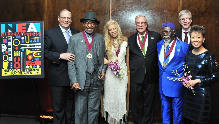 Pictured (L-R) during the 2016 BMI/NEA Jazz Masters Dinner are BMI Vice President Writer/Publisher & Industry Relations Charlie Feldman, 2016 NEA Jazz Masters honorees Archie Shepp, Wendy Oxenhorn, Gary Burton and Pharoah Sanders, BMI Director Jazz & Musical Theater Patrick Cook and NEA Chairman Jane Chu.