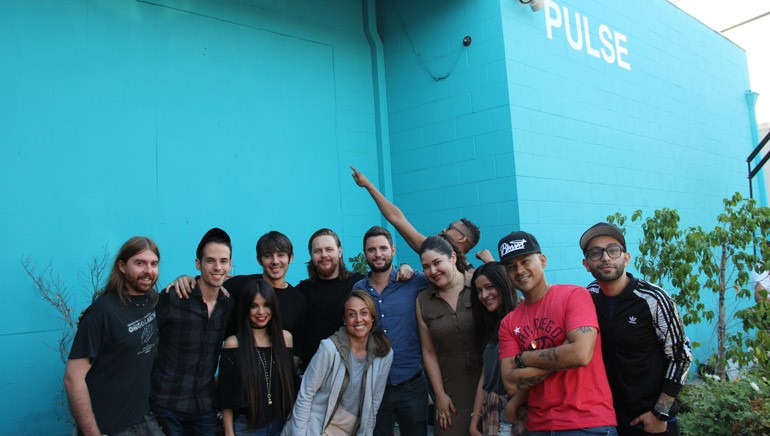 Members of BMI and the PULSE Music Group enjoy a wrap-up party on the patio of the studio. Back Row: Lovy Longomba; Middle Row: Juan “Chile” Covarrubias, Edgar Barrera, Nico Stadi, PULSE Music Group’s Steven Gringer, BMI’s Krystina DeLuna, Alejandra Alberti, Frankie J, Stefano Vieni; Front Row: Jani Sanchez, BMI’s Delia Orjuela