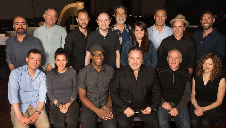 Pictured (L-R) at the BMI conducting workshop are (back row): BMI composer Sandro Morales Santoro, concertmaster Mark Robertson, BMI composer Rick Larrea, BMI’s Phillip Shrut, music editor Chris Ledesma, BMI’s Evelyn Rascon and Ray Yee, and BMI composers Christopher North and Danny Cocke. (Front row): BMI composers Fabrizio Mancinelli, Sherri Chung and Jermaine Stegall, BMI composer and conductor Lucas Richman, music contractor David Low and BMI composer Melisa McGregor.