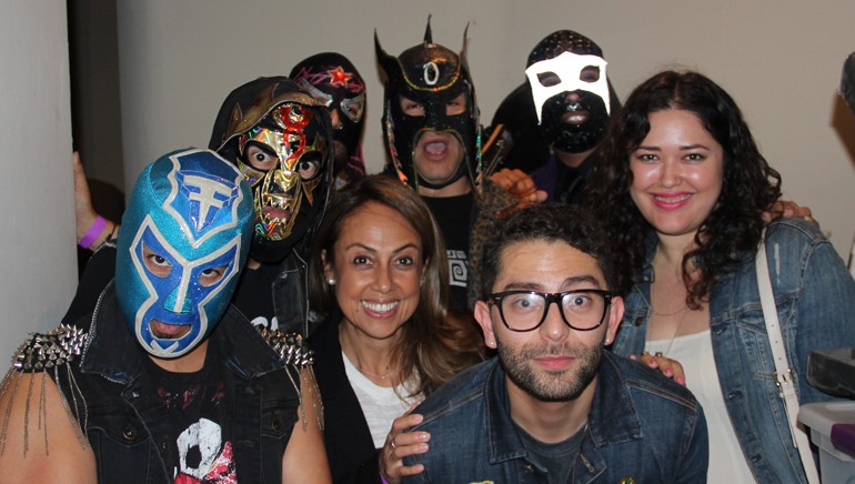 El Conjunto Nueva Ola, BMI’s Delia Orjuela, Stefano Vieni, and BMI’s Krystina DeLuna pause for a picture backstage.