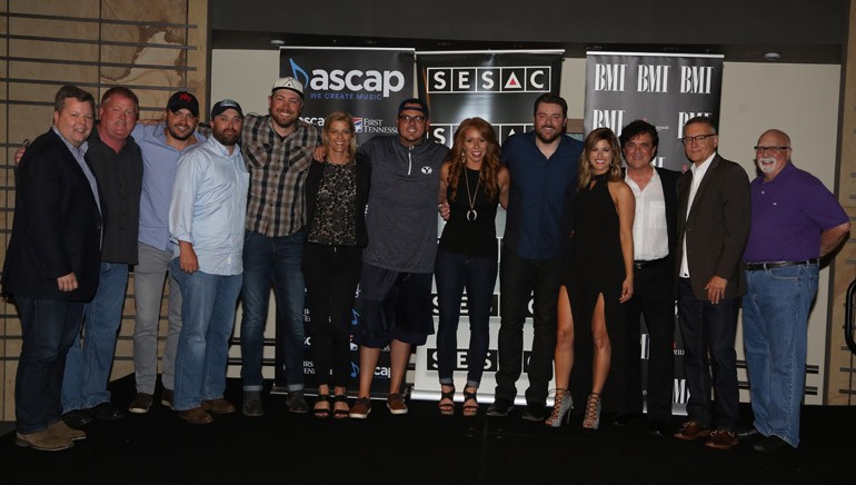 BMI’s Bradley Collins, ASCAP’s Mike Sistad, Warner Chappell’s Travis Carter, Liz Rose Music’s Scott Ponce, songwriter Corey Crowder, SESAC’s Shannan Hatch, songwriter Josh Hoge, Sony ATV’s Hannah Williams, BMI singer-songwriter Chris Young, singer Cassadee Pope, BMLG’s Scott Borchetta, Sony’s Randy Goodman, Fitzgerald Hartley Management’s Larry Fitzgerald.