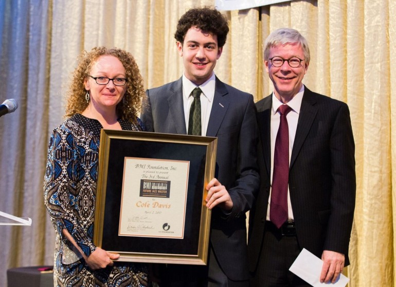 Pictured (L-R) are Deirdre Chadwick, president of The BMI Foundation; Cole Davis, recipient of the 2017 BMI Future Jazz Master Scholarship; and Patrick Cook, BMI’s Director of Musical Theatre and Jazz, at the 2017 NEA Jazz Masters Awards Dinner.