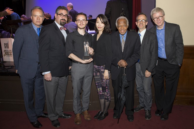 (L-R) at the 29th Annual Jazz Composers Workshop Summer Showcase concert are Jazz Composers Workshop Associate Musical Director Ted Nash, JCW Musical Director Andy Farber, Charlie Parker Prize winner Remy Le Boeuf, 2015 Charlie Parker Prize winner and 2017 Judge Miho Hazama, Judge Slide Hampton, Judge Chris Byars, and BMI's Patrick Cook. 