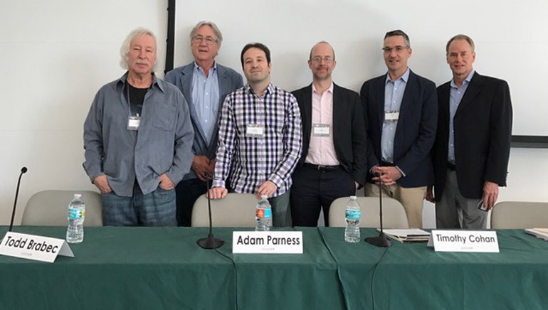 Pictured (L-R) are: Todd Brabec, moderator Henry Root, Adam Parness, Timothy Cohan, BMI’s Joe DiMona and Robert McNeely.