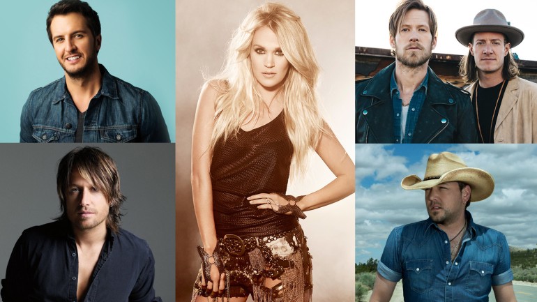 Clock wise from top left: Luke Bryan, Carrie Underwood, Florida Georgia line, Jason Aldean, Keith Urban.