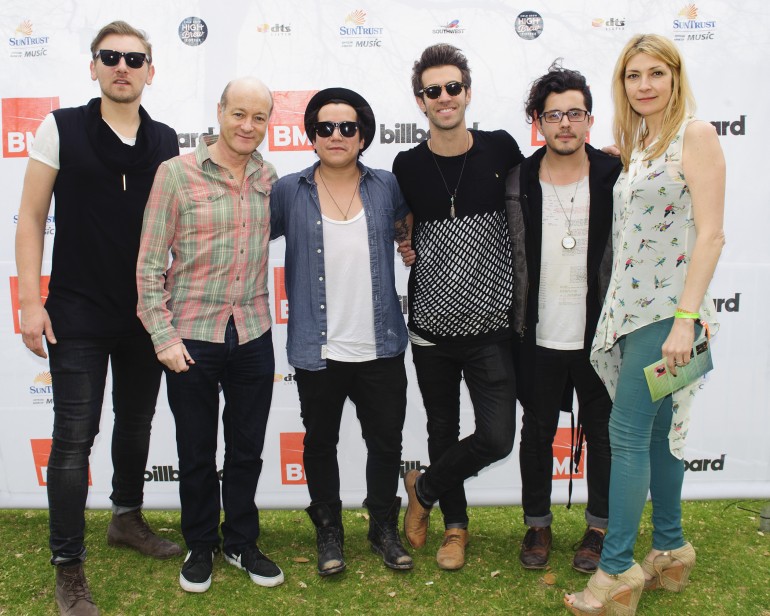 American Authors gather for a photo with Island/Mercury Records’ President David Massey and BMI's Samantha Cox at the BMI / Billboard Acoustic Brunch presented by Suntrust Bank during SXSW at the Four Seasons on March 14, 2014, in Austin, TX.