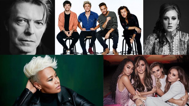 Clockwise from top left: David Bowie, One Direction, Adele, Little Mix, Emeli Sandé