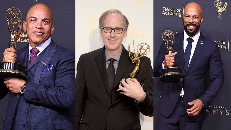 Rickey Minor, Jeff Beal and Common pose with their 2017 Creative Arts Emmys