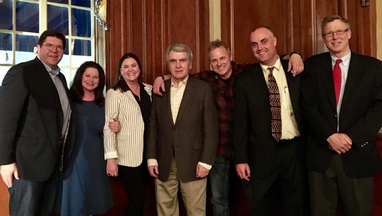 Pictured (L-R) after the performance are: Commonwealth Broadcasting President/CEO and BMI Board Member Steve Newberry, BMI’s Jessica Frost, Radio Advertising Bureau SVP of Membership Brooke Williams, National Association of Broadcasters EVP of Radio John David, BMI songwriter Shane Minor, Wright Broadcasting Systems General Manager and OAB Board Chairman Heston Wright and OAB President/CEO Vance Harrison.