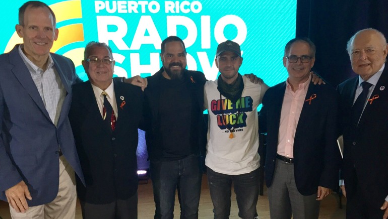 Pictured (L-R) before Sie7e’s performance at the Puerto Rico Radio Show are: BMI’s Dan Spears, Kelly Broadcasting System President and PRBA Board President Raul Santiago, BMI’s Joey Mercado, Sie7e, Media Power, Inc. President and Radio Show Chair Eduardo Rivera and PRBA Executive Director Jose Ribas.