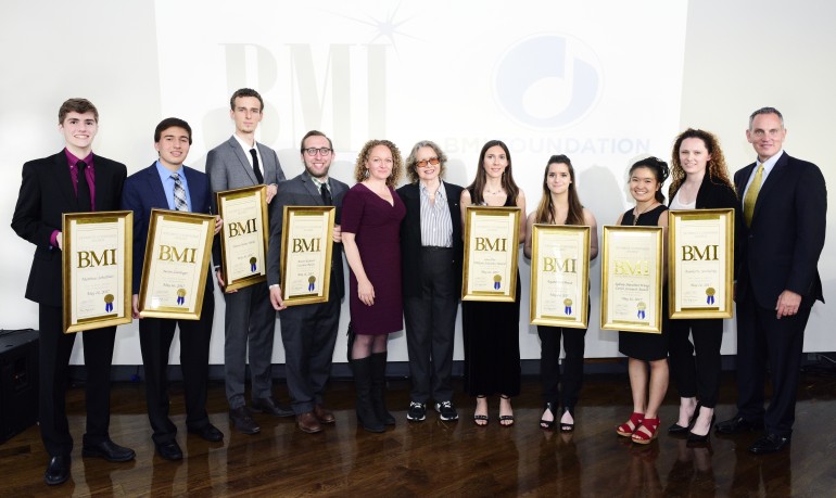 Pictured (L-R) are: Matthew Schultheis; Justin Zeitlinger; Daniel James Miller; Aaron Cecchini-Butler; BMI Foundation President Deirdre Chadwick; Chair of the Student Composer Awards Ellen Taaffe Zwilich; Lara Poe, William Schuman Prize winner; Aiyana Tedi Braun; Sydney Wang, Carlos Surinach Prize winner; Annika K. Socolofsky and BMI President and CEO Mike O'Neill. 