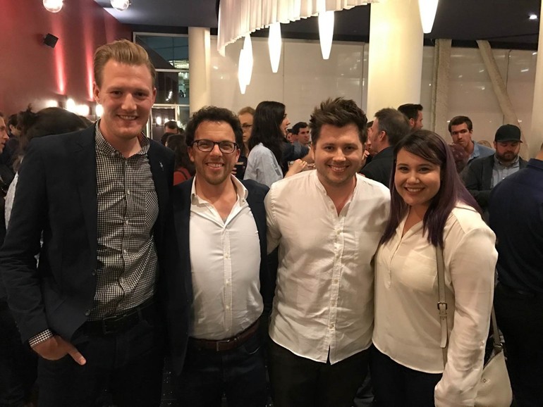 Pictured (L-R) are: BMI’s Chris Dampier, BMI composers Jacob Shea and Jasha Klebe and BMI’s Evelyn Rascon