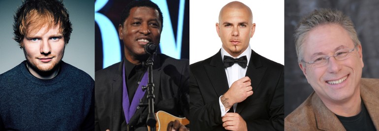 Pictured (L-R): Ed Sheeran; Babyface performs at the BMI Board of Directors NAB Dinner in 2014; Pitbull; Alan Menken