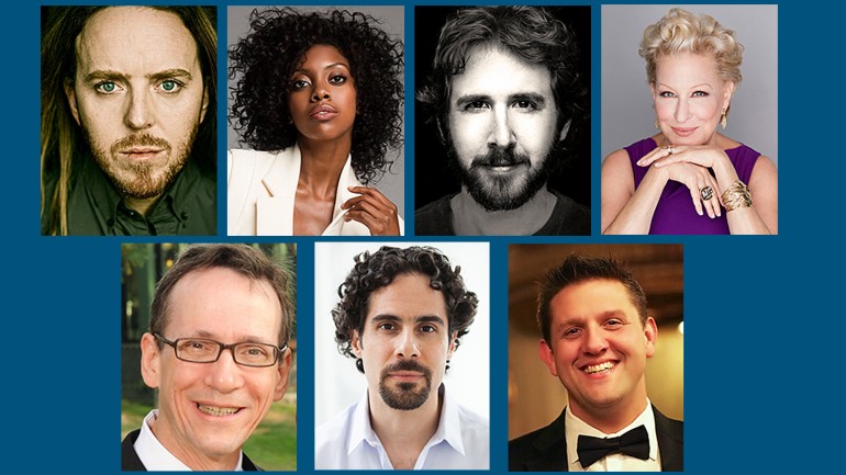 Top row:  Tim Minchin, Condola Rashad, Josh Groban, Bette Midler;
Bottom row:  Larry Hochman, Alex Lacamoire, Greg Anthony Rassen