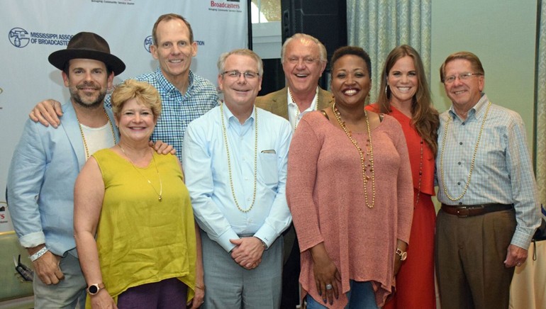 Pictured (L-R) after Bonnie’s electrifying performance are: guitarist Ford Thurston, Louisiana Association of Broadcasters President and CEO Polly Johnson, BMI’s Dan Spears, LAB Board Chair and KATC-TV President/GM Andrew Shenkan, Jackie Sherrill, Mississippi Association of Broadcasters President and CEO Karla Hooten, BMI songwriter Bonnie Bishop, MAB Board Chair and Retired iHeart Media executive Kenny Windham.