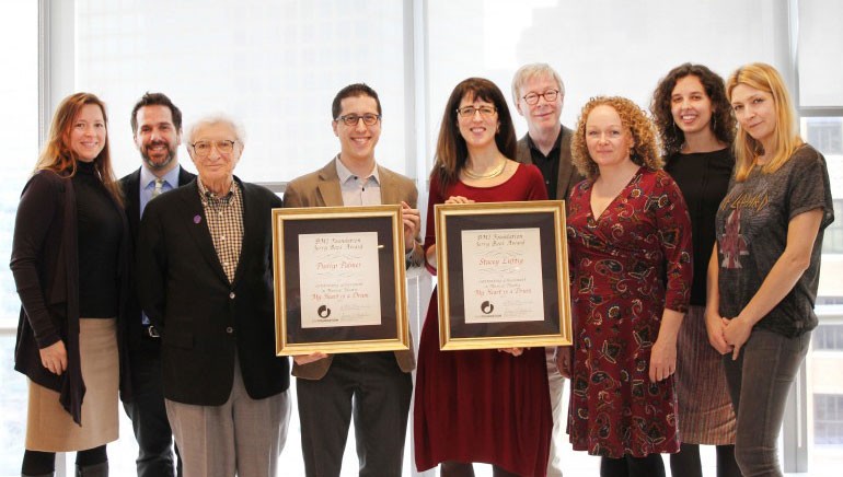 The BMI Foundation announces Stacey Luftig and Phillip Palmer as the winners of the 2017 Jerry Bock Award for Excellence in Musical Theatre. Pictured (L-R) are: BMI Foundation’s Antonella DiSaverio, BMI Lehman Engel Musical Theatre Workshop Steering Committee Member Adam Mathias, BMI composer Sheldon Harnick, 2017 Jerry Bock Award winners Phillip Palmer and Stacey Luftig, and BMI Foundation’s Pat Cook, Deirdre Chadwick, Amanda Charnley, and Samantha Cox.