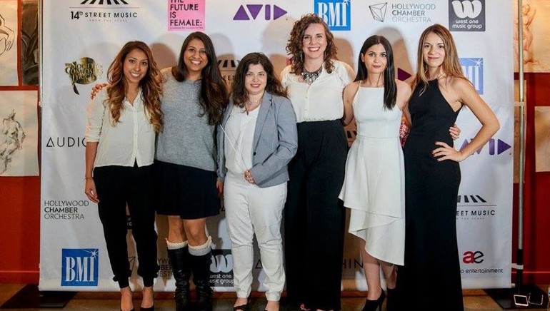 Pictured (L-R): BMI composer Tangelene Bolton, BMI’s Reema Iqbal and BMI composers Nami Melumad, Jessica Rae Huber, Tori Letzler and Perrine Virgile-Piekarski pause for a photo at “The Future is Female” concert.
