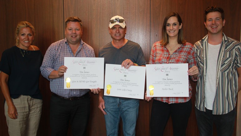 Pictured: (L-R): BMI’s Leslie Roberts and Bradley Collins with BMI singer-songwriter Tim James and BMI’s MaryAnn Keen and Josh Tomlinson.