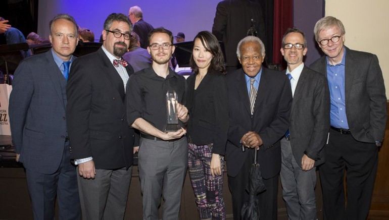 Pictured (L-R) at the 29th Annual Jazz Composers Workshop Summer Showcase concert are: Jazz Composers Workshop associate musical director Ted Nash, JCW musical director Andy Farber, Charlie Parker Prize winner Remy Le Boeuf, 2015 Charlie Parker Prize winner and 2017 judge Miho Hazama, judge Slide Hampton, judge Chris Byars and BMI’s Patrick Cook. 