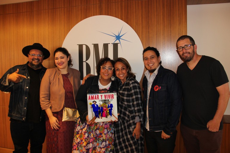 Pictured at the BMI Los Angeles office from (l-r) are: La Santa Cecilia’s Miguel Ramirez, BMI’s Krystina DeLuna, La Santa Cecilia’s La Marisoul, BMI’s Delia Orjuela, La Santa Cecilia’s Alex Bendaña and award-winning producer Sebastian Krys