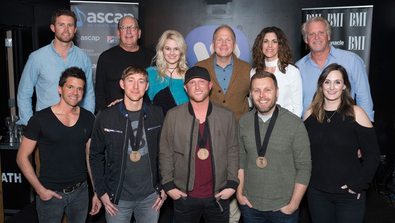 Pictured: (L-R): back row: Warner Chappell’s Ryan Beuschel, Warner Bros Nashville’s John Esposito, ASCAP’s Beth Brinker, Sony ATV’s Troy Tomlinson, KP Entertainment’s Kerri Edwards, Combustion’s Chris Farren. Front row: Producer Michael Carter, songwriter Ashley Gorley, BMI songwriter/artist Cole Swindell, songwriter Zach Crowell, BMI’s MaryAnn Keen.