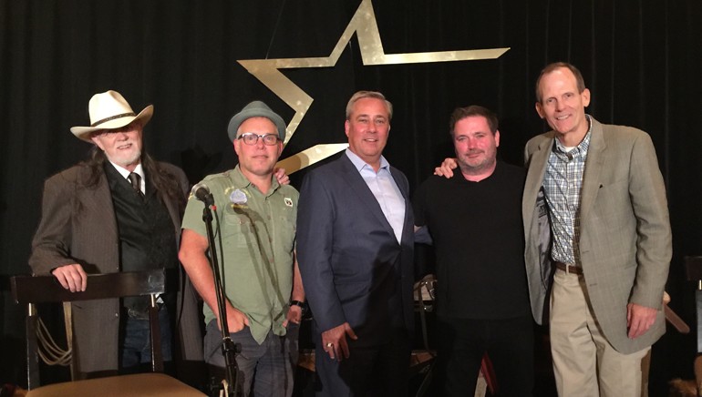 Pictured before the Bluebird Cafe-style guitar pull are: BMI songwriters Aaron Barker and Danny Myrick, Nexstar Media Group Chairman/President/CEO Perry Sook, BMI songwriter Dylan Altman and BMI's Dan Spears.