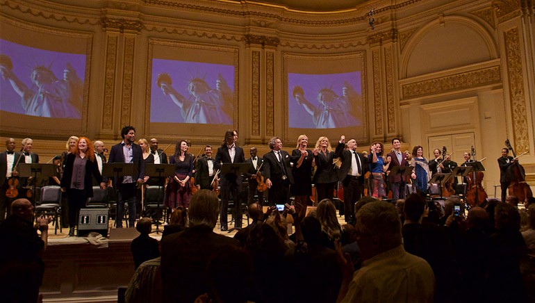 Pictured (L-R) onstage are BMI composers Steve Lebetkin and Lolita Ritmanis, conductor Amy Andersson and BMI composer Peter Boyer.