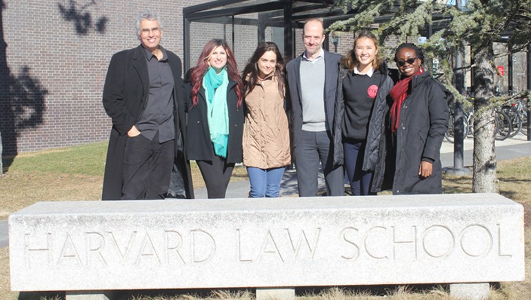 Guest lecturers and RAP student executive board members gather on the Harvard Law School campus for a photo. Pictured (L-R) are: Entertainment attorney, writer & scholar Corey Field, Esq., BMI’s Senior Director, Anne Cecere, RAP Director of Events Rebecca Rechtszaid, SVP Legal & Business Affairs for peermusic, Tim Cohan, Esq., RAP President Jennifer Marr and RAP Speaker Liaison Kike Aluko.