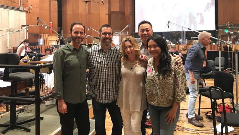 Pictured (L-R) at the 20th Century Fox scoring stage in Los Angeles are: President, Film Music and Publishing at Universal Pictures Mike Knobloch, BMI composer Christopher Lennertz, Format Entertainment Music Supervisor Julia Michaels, BMI’s Assistant Vice President of Film, TV & Visual Media Relations Ray Yee and Vice President Film Music at Universal Pictures Angela Leus.