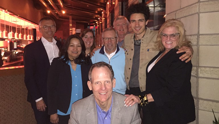 Pictured (L-R) after a special BMI hosted dinner with customers and association partners are (standing): National Restaurant Association SVP of Business Innovation & Development Perry Quinn, NRA SVP of Sponsorships Kathie Vu, NRA Director of Membership Development Meghan Cassidy, Rhode Island Hospitality Association’s Tony DeFusco, Macayo Restaurants CFO Bob Myers, BMI songwriter Marc Scibilia, and Rhode Island Hospitality Association President/CEO Dale Venturini. (kneeling): BMI’s Dan Spears.