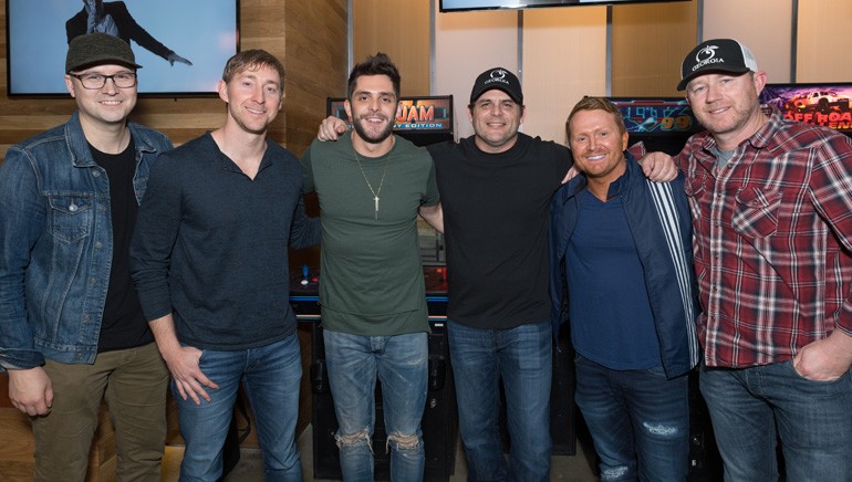 (L-R): Songwriter Luke Laird, songwriter Ashley Gorley, BMI singer-songwriter Thomas Rhett, BMI songwriter Rhett Akins and songwriters Shane McAnally and Ben Hayslip.