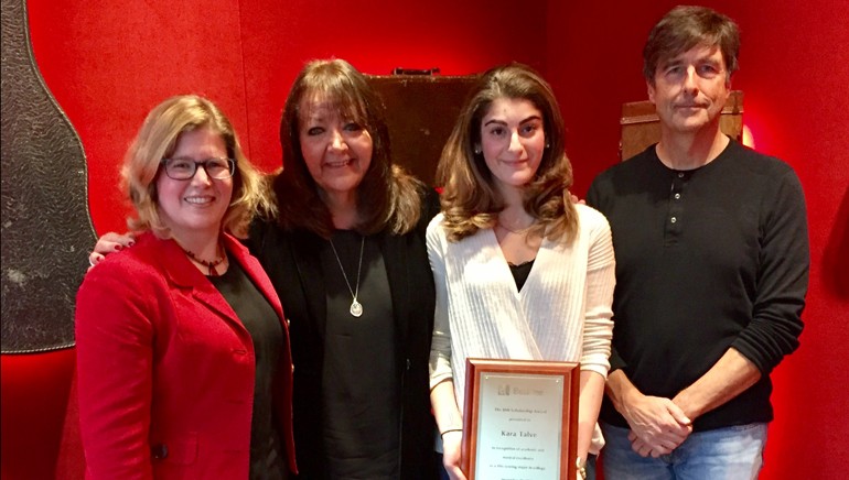 Pictured (L-R) at the BMI scholarship presentation are: Chair of Berklee’s film scoring department and award-winning BMI composer Alison Plante; BMI Vice President of Film, TV & Visual Media Relations, Doreen Ringer-Ross; film scoring student Kara Talve; and award-winning BMI composer Thomas Newman.