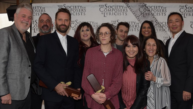 Pictured (L-R) at the SCL reception on Saturday, February 25, 2017, at Eveleigh in West Hollywood are: (Back row) BMI’s Executive Director Distribution & Administration Services, Michael Crepezzi; Senior Director Film/TV & Visual Media Relations, Anne Cecere; 2017 Oscar-winning BMI composer and songwriter Justin Hurwitz; Associate Director Film/TV & Visual Media Relations, Reema Iqbal; and Assistant Vice President Film/TV & Media Relations, Ray Yee. (Front row) SCL President, Ashley Irwin; Oscar-nominated BMI composer Dustin O’Halloran; composer Mica Levi (PRS), BMI’s Executive Assistant Film/TV & Visual Media Relations Evelyn Rascon; and Associate Director Distribution & Administration Services Barbie Quinn.