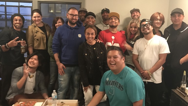 BMI, Legend Music Group, Nichion Inc. and Sovereign Music executives gather with song camp participants during a brief break at Legend Music Group studio during the three-day song camp.